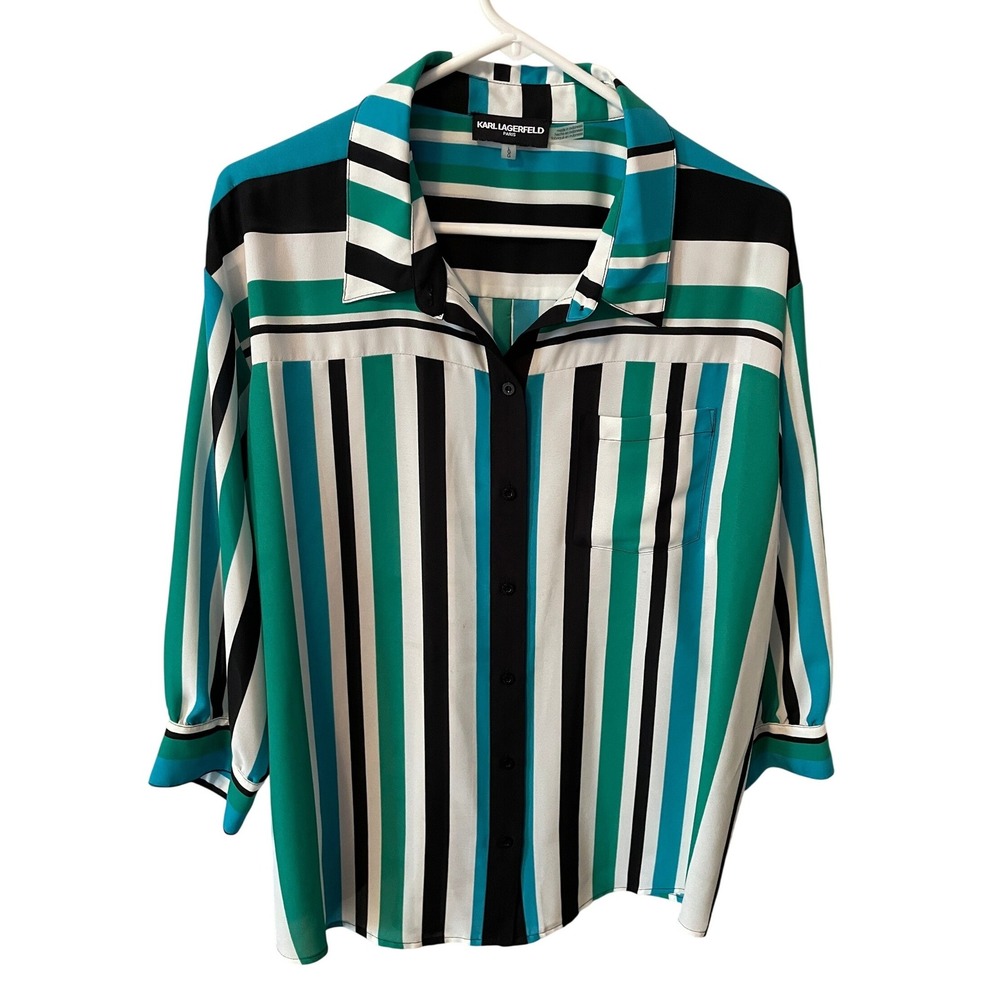 Karl Lagerfeld Paris Womens Teal Green Striped Button Down Blouse Size Large